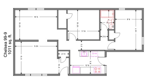 2 Bedroom 1 Bath Floor Plan at Integrity Gold Coast, Cleveland, Ohio, 44102